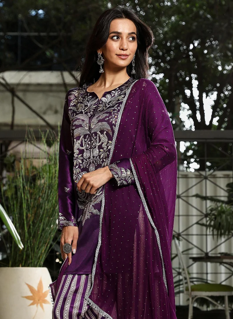 QISSA Purple Qissa Women's Violet Ethnic Wilderness Kurti With Trousers & Dupatta For Casual Wear | Portrait Neck | Long Sleeve | Comfort Fit For Everyday Ethnic Wear for Women | Best Price UAE
