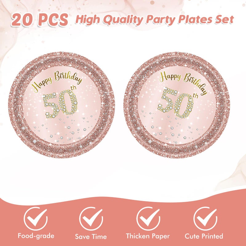 Juhap 50th Birthday Decorations for Women, Rose Gold Fifty Year Old Party Supplies Include 20 Plates 20 Napkins, Pink 50 Aged Birthday Party Tableware - Image 3