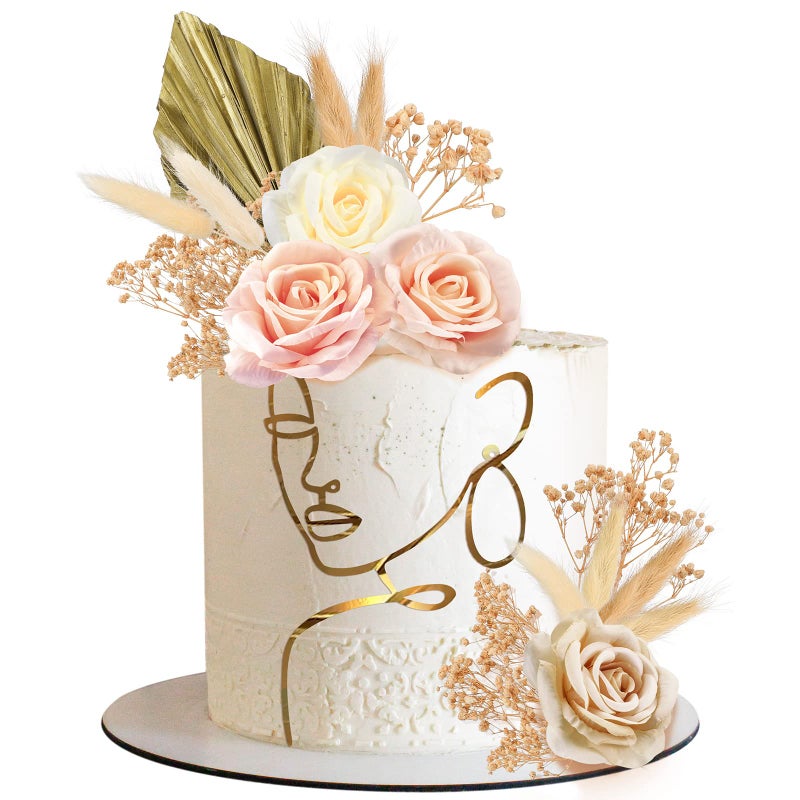 21 Pcs Boho Cake Topper Decorations Acrylic Minimalist Art Lady Gold Face Vintage Artificial Rose Flower Wedding Cake Toppers for Wedding Bridal Shower