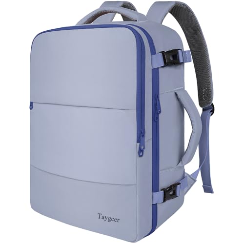 Taygeer Large Travel Backpack for Men Women, 35L Carry On Backpack Airline Approved, Personal Item Travel Bag with Water Bottle Pocket & Shoe Compartment, Laptop Backpack for Gym Hiking, Gray Blue - Image 1
