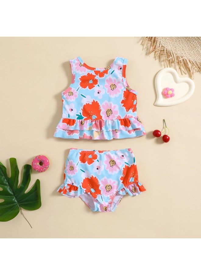 Loquat Suit For Girls And Baby Girls Cute Flower Print Split Swimsuit-Color:Color- - Image 1
