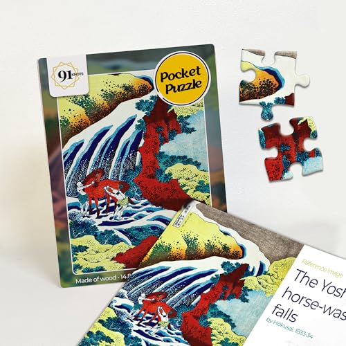 91Knots - The Yoshitsune Horse-Washing Falls Wooden Jigsaw Puzzle (140 Pieces) for Adults and Kids | Japanese Ukiyo-e Artwork | Brain Booster Games & Toys | Ideal for Gifts - Image 1