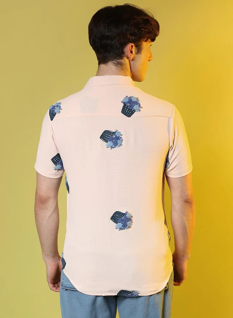 Campus Sutra Men's Peach Orange Flower Basket Shirt