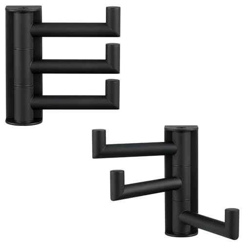 Suyar Towel Hook for Bathroom SUS 304 Stainless Steel Swivel Coat Robe Holder with 3 Foldable Arms Wall Hook Matte Black 2 Pack - Image 1