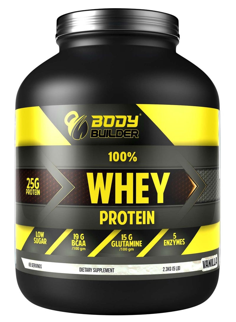 بودي بيلدر مسحوق بروتين مصل اللبن بنكهة الفانيليا - 5 أرطال (25 غ بروتين لكل مغرفة) | يحتوي على الأحماض الأمينية المتشعبة السلسلة، والجلوتامين، والإنزيمات الهاضمة | منخفض السكر، مناسب لحمية الكيتو، ومناسب للنباتيين - Image 1