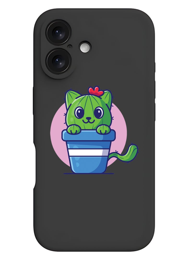Theodor iPhone 16 Black Protective Slim Fit Case Liquid Silicone Cover with Full Body Protection Anti-Scratch Shockproof Case For iPhone - Cute Cat Cactus - Image 1