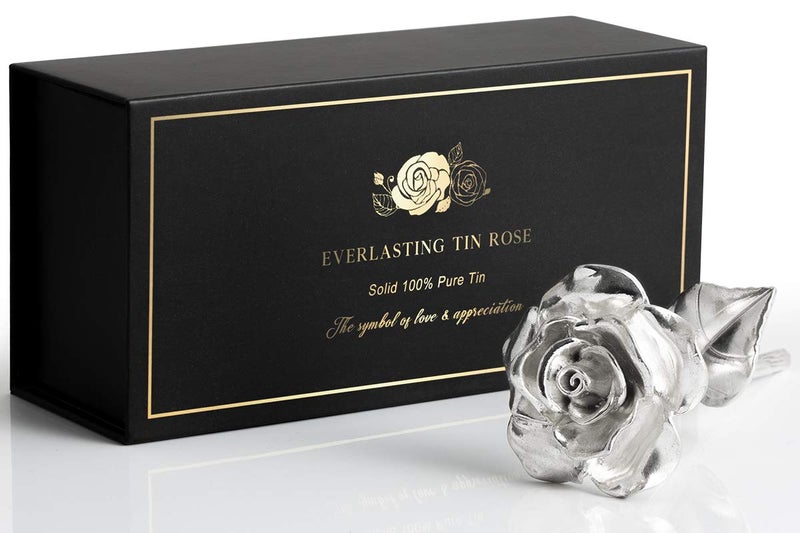 BESZONE Tin Rose 10th Anniversary for Her Gift - Tin Gift 10 Year Wedding Anniversary for Wife Couples, Solid Pure Casted Everlasting Rose Tenth Decoration Aluminum for Him - Image 1