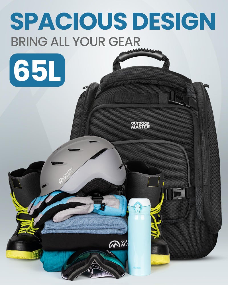 OutdoorMaster Boot Bag, 65L Waterproof Ski Snowboard Boots Air Cushion Shoulder Pad Skiing Gear Bag Travel Backpack for Ski Helmets, Goggles & Accessories Men & Women - Dark Black - Image 2