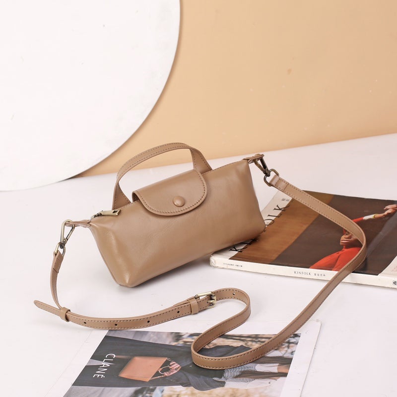 New Hand-carried Vegetable Tanning Top Layer Imported Cowhide Dumplings Dragon Inlay Simple Shoulder Crossbody Small Bag Khaki