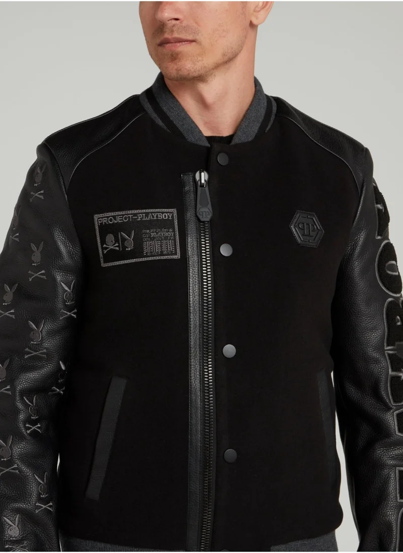 PHILIPP PLEIN Black Playboy Leather Sleeve Bomber Jacket