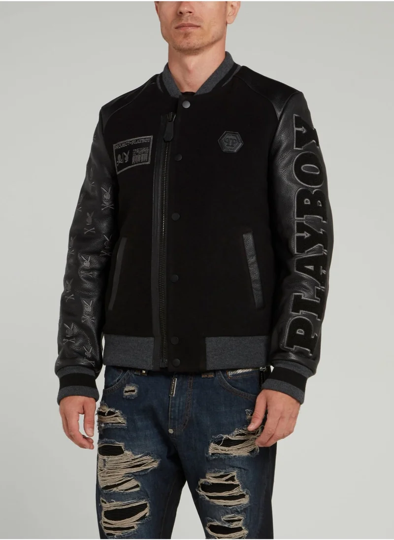 PHILIPP PLEIN Black Playboy Leather Sleeve Bomber Jacket