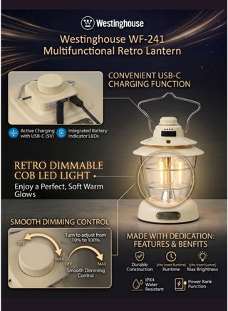 C Westinghouse WF241-CB Rechargeable Retro Camping Lantern – LED Vintage-Style Lantern with USB Charging, Dimmable Warm Light, Long Runtime, Portable Waterproof Lantern for Camping, Hiking, Emergency & Outdoor Adventures - view 3
