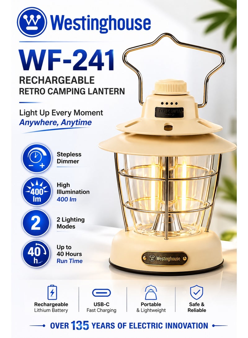 ويستنجهاوس مصباح التخييم القابل لإعادة الشحن Westinghouse WF241-CB – مصباح LED على الطراز القديم مع شحن USB، ضوء دافئ قابل للتعتيم، وقت تشغيل طويل، مصباح محمول مقاوم للماء للتخييم والمشي لمسافات طويلة وحالات الطوارئ والمغامرات في الهواء الطلق - Image 1