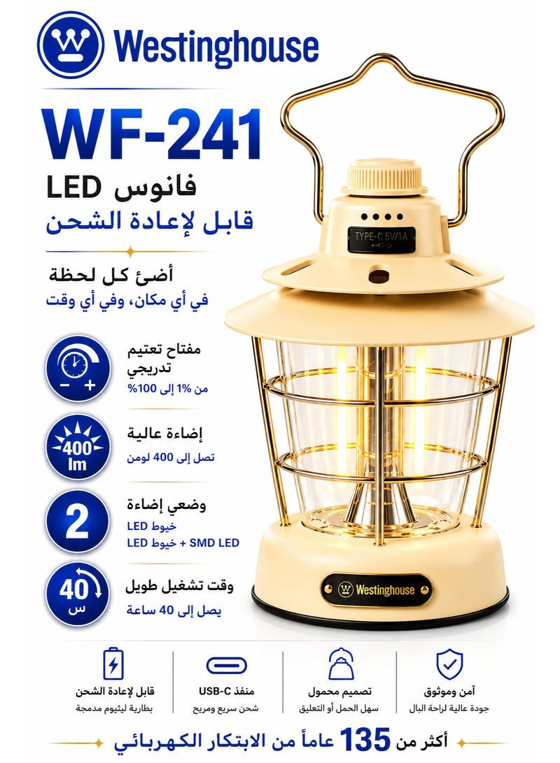 ويستنجهاوس مصباح التخييم القابل لإعادة الشحن Westinghouse WF241-CB – مصباح LED على الطراز القديم مع شحن USB، ضوء دافئ قابل للتعتيم، وقت تشغيل طويل، مصباح محمول مقاوم للماء للتخييم والمشي لمسافات طويلة وحالات الطوارئ والمغامرات في الهواء الطلق - Image 2