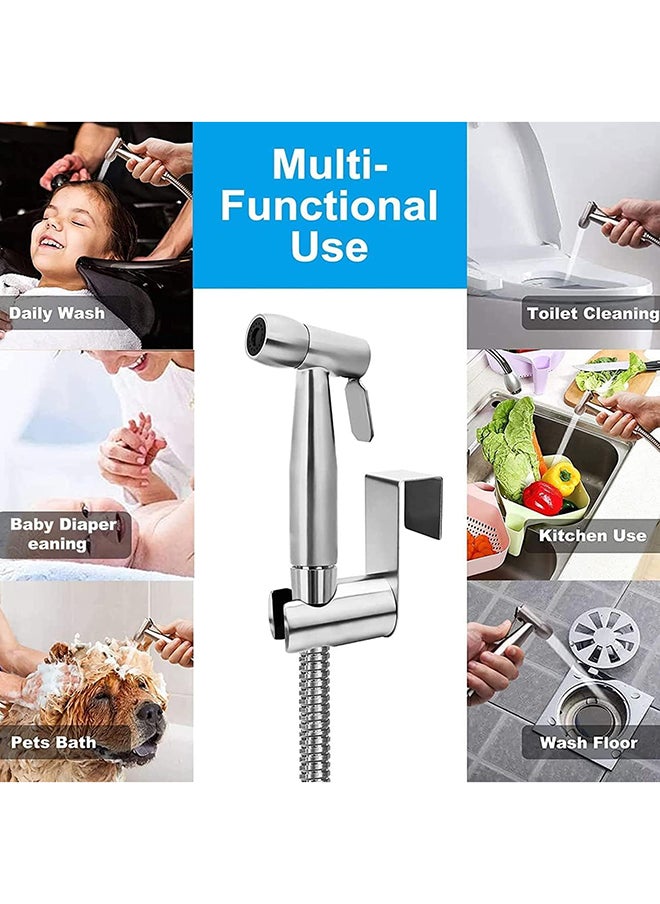 SKY-TOUCH - طقم بخاخ مرحاض يدوي سكاي-توتش 3 قطع، بخاخ bidet شطاف مع خرطوم كروم من الفولاذ المقاوم للصدأ، فضي - Image 1