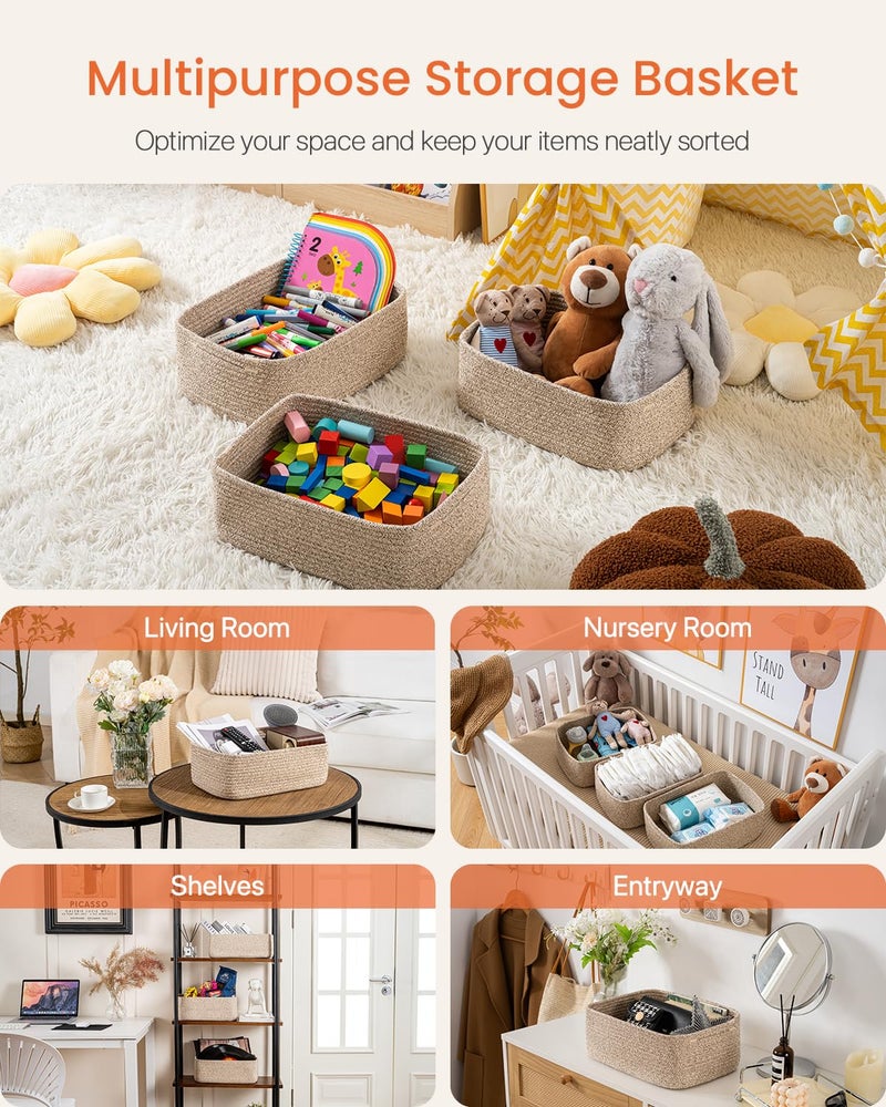KALLAX Small Woven Basket, 13.5 x 9.5 x 5 Inches, Storage Basket for Organizing, Cute Small Rope Shelf Closet Cube Storage Bins Baskets for Shelves, Dog Toy Gift Baskets Empty, 3 Packs, Mixed Brown - Image 3
