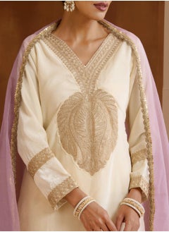 ISHIN Women's Off White Velvet Embroidered Tunic Full Length Casual Straight Fit Kurta Set  - Image 2