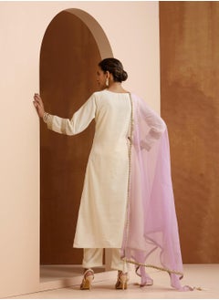 ISHIN Women's Off White Velvet Embroidered Tunic Full Length Casual Straight Fit Kurta Set  - Image 5