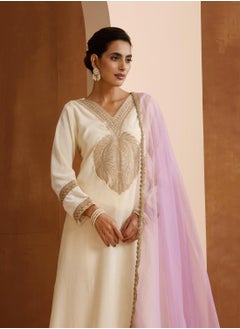 ISHIN Women's Off White Velvet Embroidered Tunic Full Length Casual Straight Fit Kurta Set  - Image 1