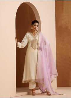 ISHIN Women's Off White Velvet Embroidered Tunic Full Length Casual Straight Fit Kurta Set  - Image 3