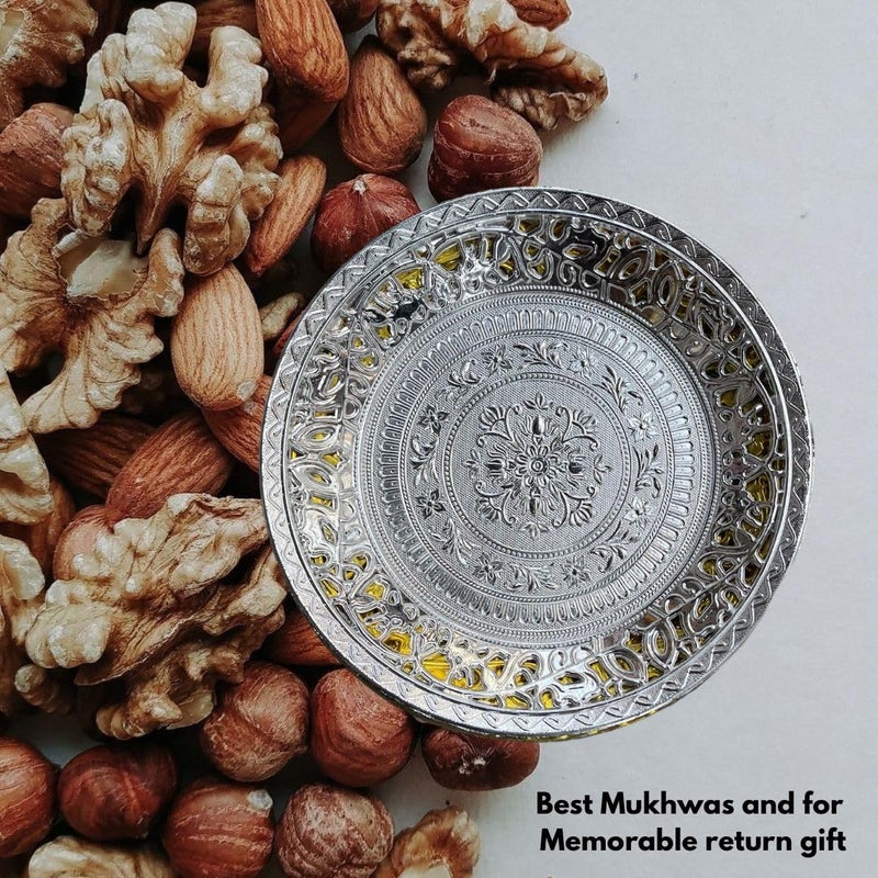 صينية تقديم بتصميم تقليدي من HUSZ بتشطيب فضي من البلاستيك متعددة الاستخدامات صواني زخرفية مصممة لمكهوى، فواكه جافة، هدايا عودة لصينية ديوالي، عيد ميلاد، زواج، ذكرى سنوية، عبوة من 6 - Image 3