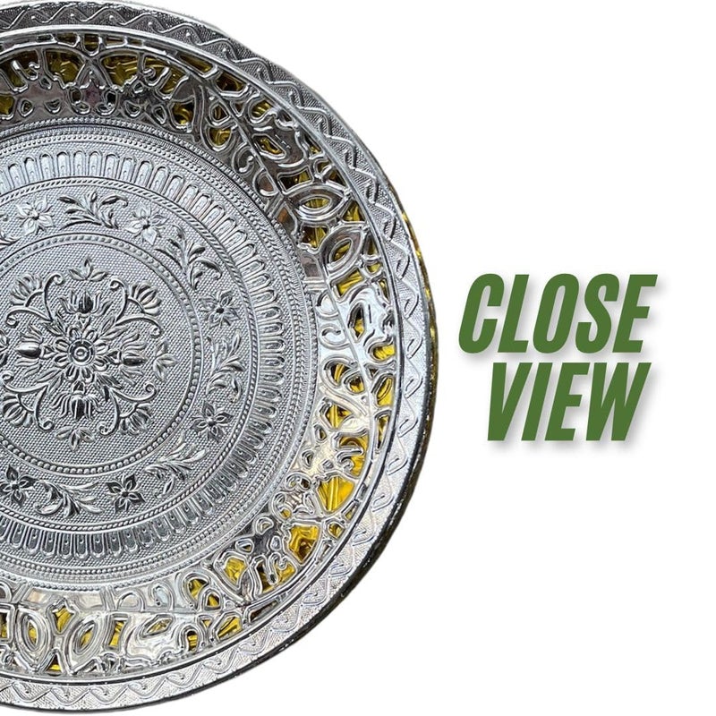 صينية تقديم بتصميم تقليدي من HUSZ بتشطيب فضي من البلاستيك متعددة الاستخدامات صواني زخرفية مصممة لمكهوى، فواكه جافة، هدايا عودة لصينية ديوالي، عيد ميلاد، زواج، ذكرى سنوية، عبوة من 6 - Image 4