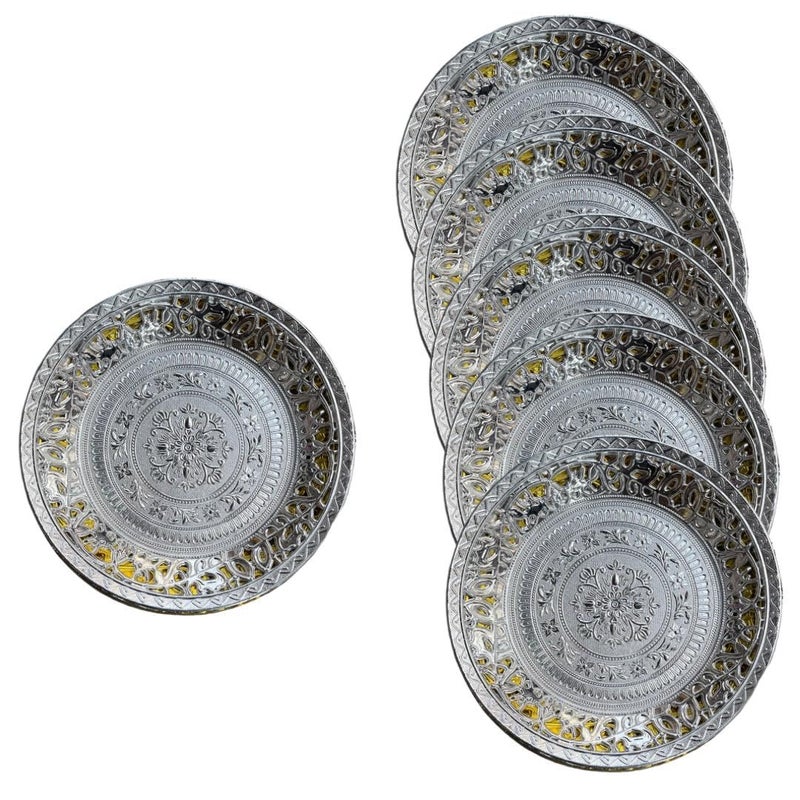 صينية تقديم بتصميم تقليدي من HUSZ بتشطيب فضي من البلاستيك متعددة الاستخدامات صواني زخرفية مصممة لمكهوى، فواكه جافة، هدايا عودة لصينية ديوالي، عيد ميلاد، زواج، ذكرى سنوية، عبوة من 6 - Image 1