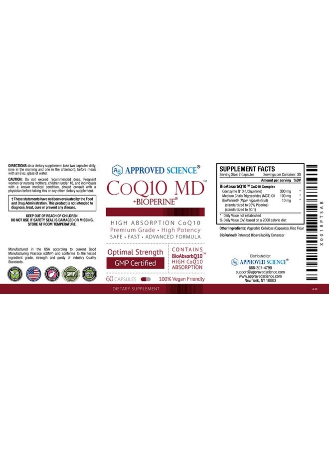 Approved Science - Approved Science® CoQ10 MD - Extra Strength 250mg Pure CoQ10 with BioPerine® for Faster Absorption - Optimal Support - 60 Vegan Capsules - Image 1