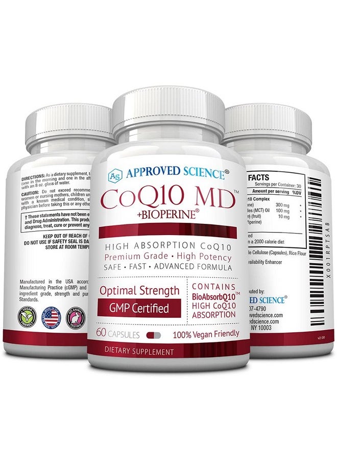 Approved Science - Approved Science® CoQ10 MD - Extra Strength 250mg Pure CoQ10 with BioPerine® for Faster Absorption - Optimal Support - 60 Vegan Capsules - Image 1