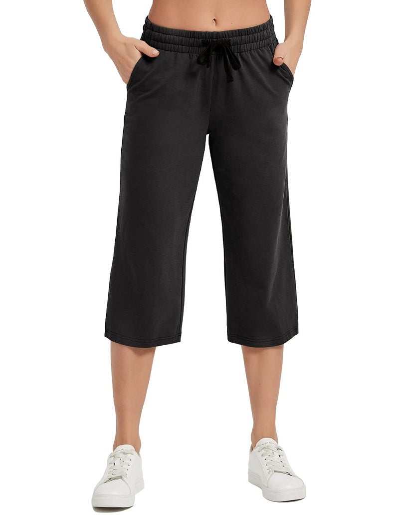 SPECIALMAGIC Women Capri Pants Cotton Yoga Wide Leg Pajama Pants Capris Sweatpants Sports Black Large - Image 1