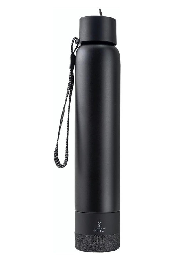 TYLT Smart Water Bottle with Bluetooth Speaker, Wireless Stainless Steel Insulated Travel Tumbler with Flip Straw, Rechargeable, Portable, Double Layered, 24oz (Black) - Image 1