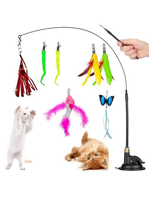 Cat Feather Toys, Cat Toys Wand, Interactive Cat Toy with Super Suction Cup, 1 PCS Cat Wand Toy and 8 PCS Feather Replacements with Bell,for Indoor Play Chase,Replacement head random
