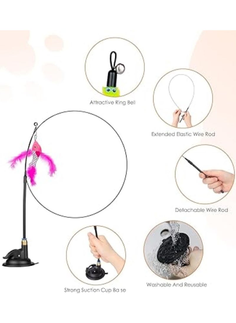 SKY-TOUCH - Cat Feather Toys, Cat Toys Wand, Interactive Cat Toy with Super Suction Cup, 1 PCS Cat Wand Toy and 8 PCS Feather Replacements with Bell,for Indoor Play Chase,Replacement head random - Image 1