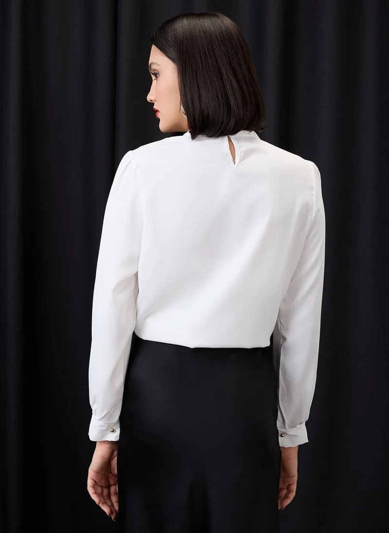 Globus white Globus Women White Formal Top with High Neck Cuffed Sleeves and Chain Detail for Women | Best Price UAE