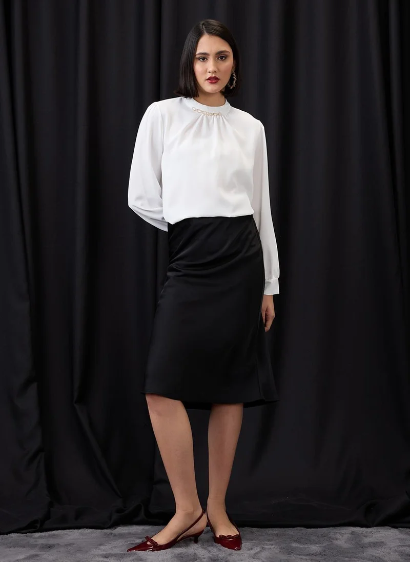 Globus white Globus Women White Formal Top with High Neck Cuffed Sleeves and Chain Detail for Women | Best Price UAE