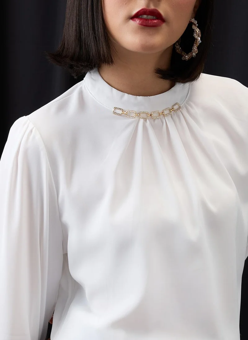 Globus white Globus Women White Formal Top with High Neck Cuffed Sleeves and Chain Detail for Women | Best Price UAE