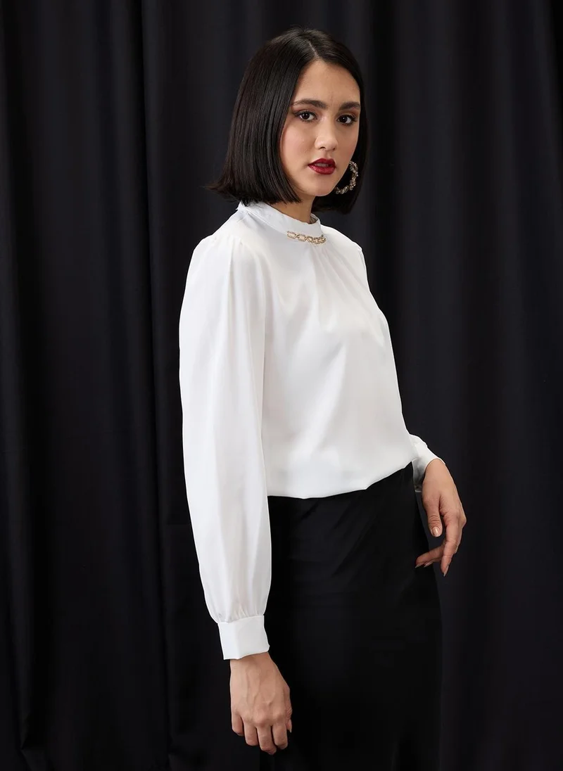 Globus white Globus Women White Formal Top with High Neck Cuffed Sleeves and Chain Detail for Women | Best Price UAE