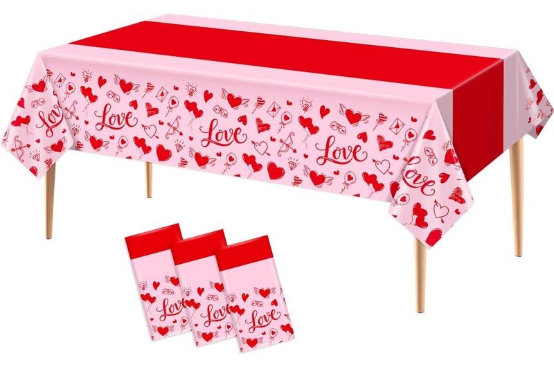Reyoust 3Pcs Valentines Day Tablecovers Love Plastic Table Cloths Cupid Bow Arrow Love Rectangular Tablecloth Pink Red Heart Table Covers for Wedding Engagement Anniversary Galentines Picnic Party Supplies - Image 1
