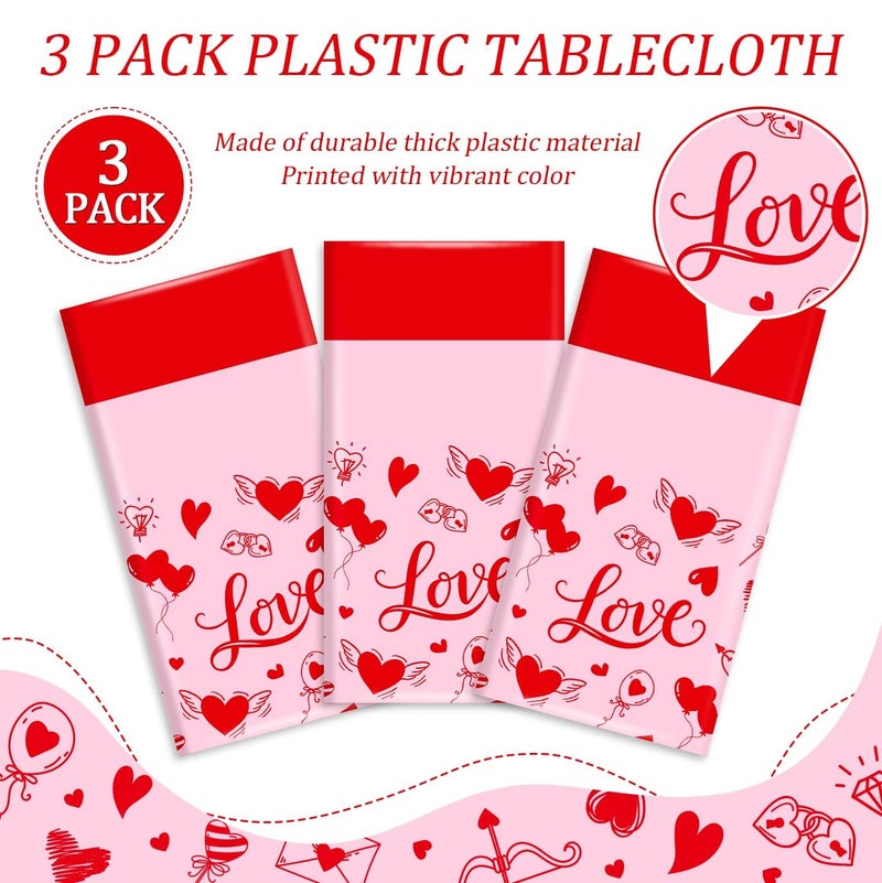 Reyoust 3Pcs Valentines Day Tablecovers Love Plastic Table Cloths Cupid Bow Arrow Love Rectangular Tablecloth Pink Red Heart Table Covers for Wedding Engagement Anniversary Galentines Picnic Party Supplies - Image 4