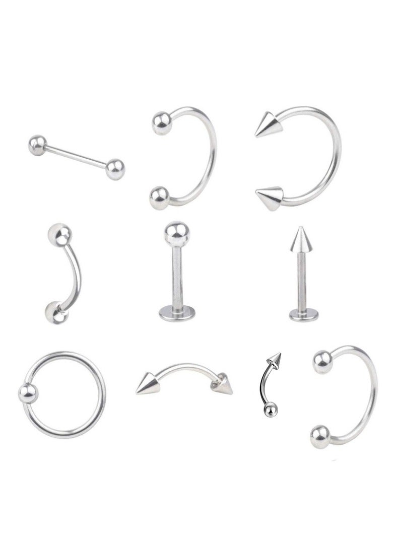 10 Piece Different Body Piercing Jewelry for All Piercings, Stainless Steel Ring Tongue Eyebrow Lip Belly on Nose Body Piercing Earrings Jewelry Set - Image 1