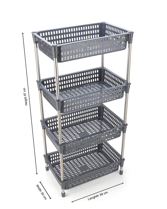 Finner Square PlasticStainless Steel Pipe Fruit Vegetable Rack for Kitchen Storage Organizer Rack Shelf for Living Room Office 4 Layer Grey - Image 2