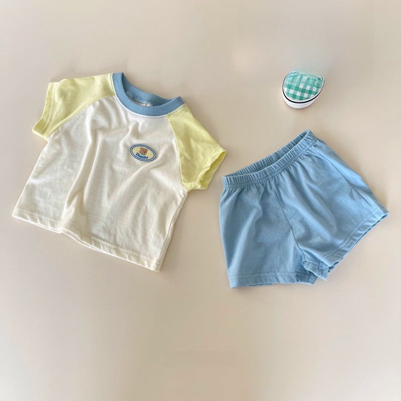 Korean style childrens clothing childrens short sleeve suit summer baby girls clothes babys contrast color two-piece baby cotton summer clothes Blue  - Image 4