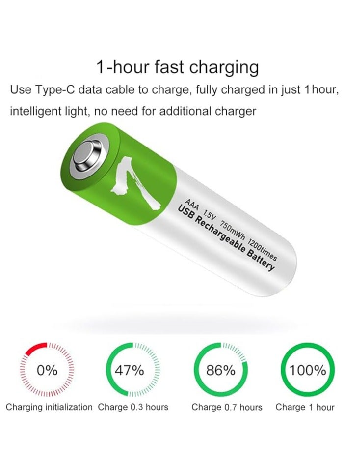 USB AAA بطارية ليثيوم أيون بطارية قابلة للشحن 1.5V 750mWh بطارية AAA شحن سريع 1200 دورة مع كابل Type-C - Image 3