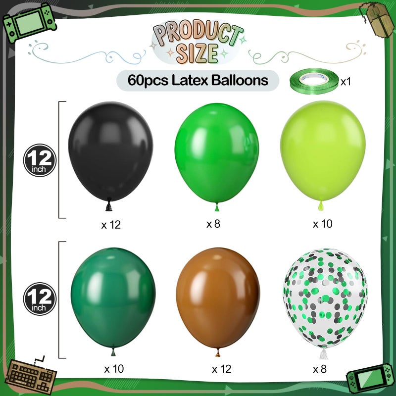Paeyeq Green Brown Balloons, 60 Pcs 12 Inch Dark Green Black Confetti Balloons for Boys Men Kids Video Game Theme Jungle Safari Baby Shower Woodland Hunting Graduation Camo Birthday Army Party Decorations - Image 2