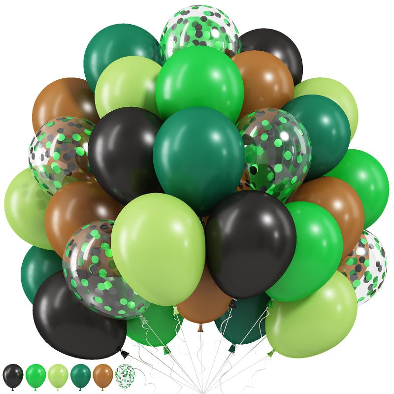 Paeyeq Green Brown Balloons, 60 Pcs 12 Inch Dark Green Black Confetti Balloons for Boys Men Kids Video Game Theme Jungle Safari Baby Shower Woodland Hunting Graduation Camo Birthday Army Party Decorations - Image 1