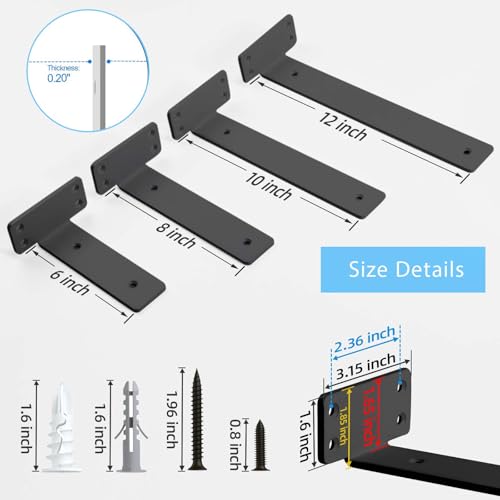 WEKIS Shelf Brackets Floating Shlef Brackets 8-Inch 6-Packs, 1/5-Inch Thick Heavy Duty Shelving Brackets for Wood Shelves, 8" Hidden Black Metal L Bracket Shelf Bracket Supports with 160 Lbs Load Capacity - Image 2