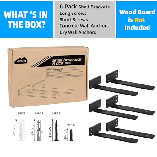 WEKIS Shelf Brackets Floating Shlef Brackets 8-Inch 6-Packs, 1/5-Inch Thick Heavy Duty Shelving Brackets for Wood Shelves, 8" Hidden Black Metal L Bracket Shelf Bracket Supports with 160 Lbs Load Capacity - Image 4
