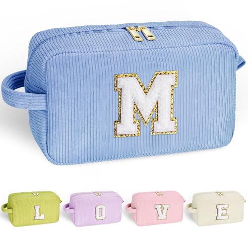 YOOLIFE Birthday Gifts for Women - Gifts for Mom Travel Makeup Bag Cute Blue Makeup Bag Make Up Bag Travel Toiletry Bag Girls Friend Birthday Gifts Bridesmaid Wedding Gift Ideas for Women Letter M - Image 1