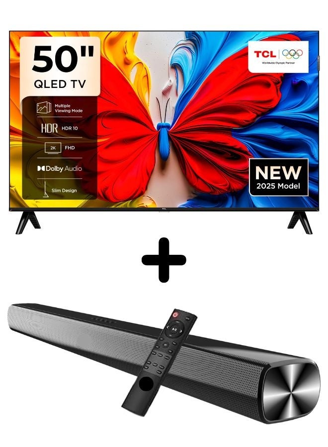 Bundle Of 50-inch S5K QLED Google TV (HDR10, Dolby Audio, Bezel-Less Design) With Soundbar (Bluetooth, FM Radio, 2.0 Channel Audio) 50S5K+SOUNDBAR Black