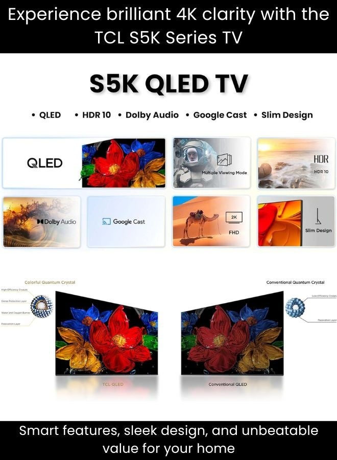 تي سي إل حزمة تلفاز QLED جوجل 50 بوصة S5K (HDR10، صوت دولبي، تصميم بدون حواف) مع مكبر صوت (بلوتوث، راديو FM، صوت 2.0 قناة) - Image 4